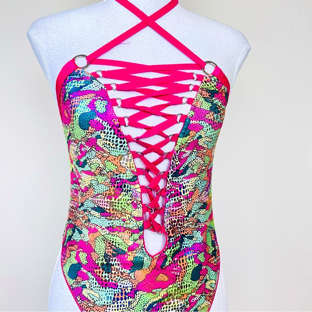 HTF Club Exx Hot Pink & Green Foil Lace Up Rivet Strappy Rave Halter Bodysuit - Picture 5 of 15